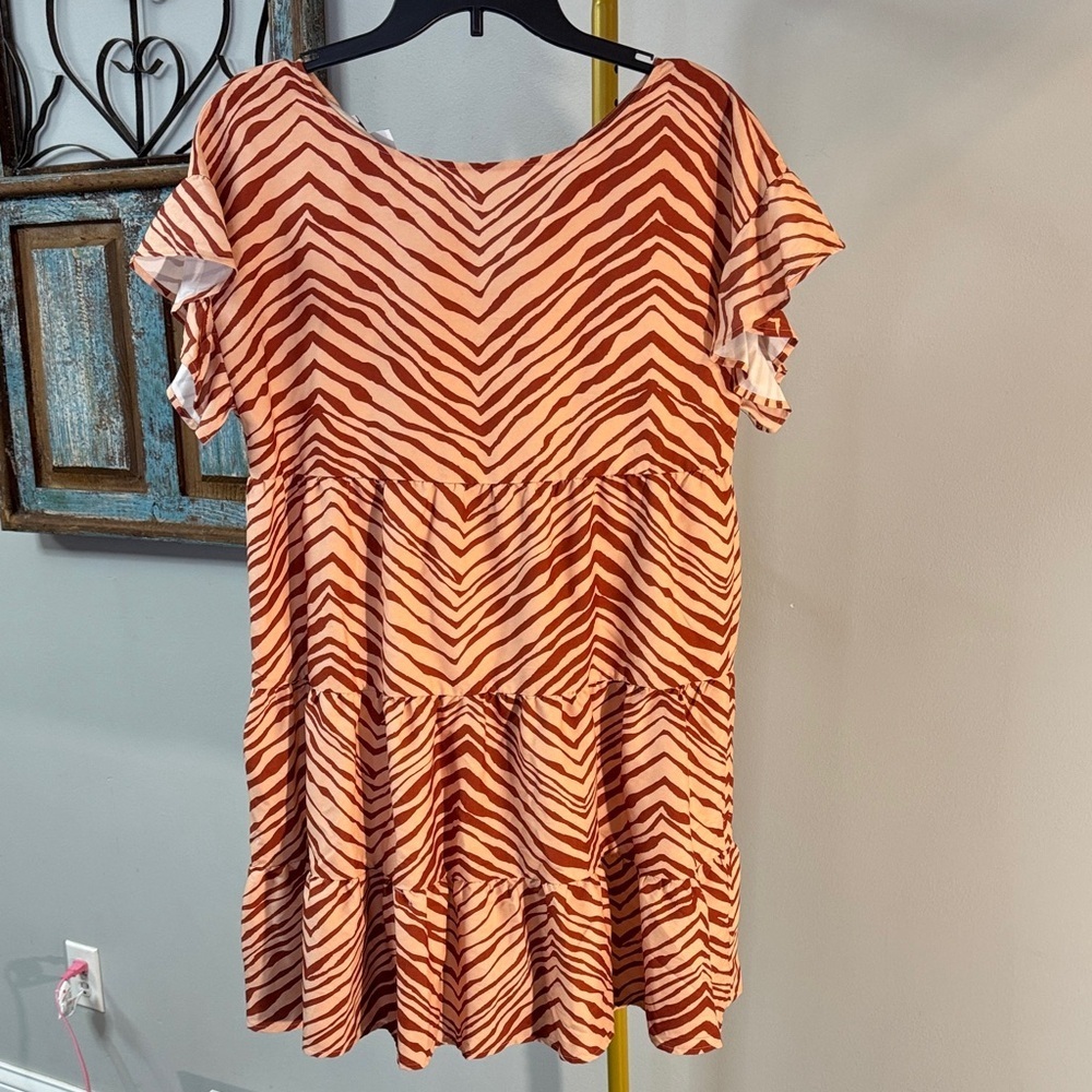 Nine West Coleman sleeve ruffle babydoll Patterned brown zebra Mini Dress M